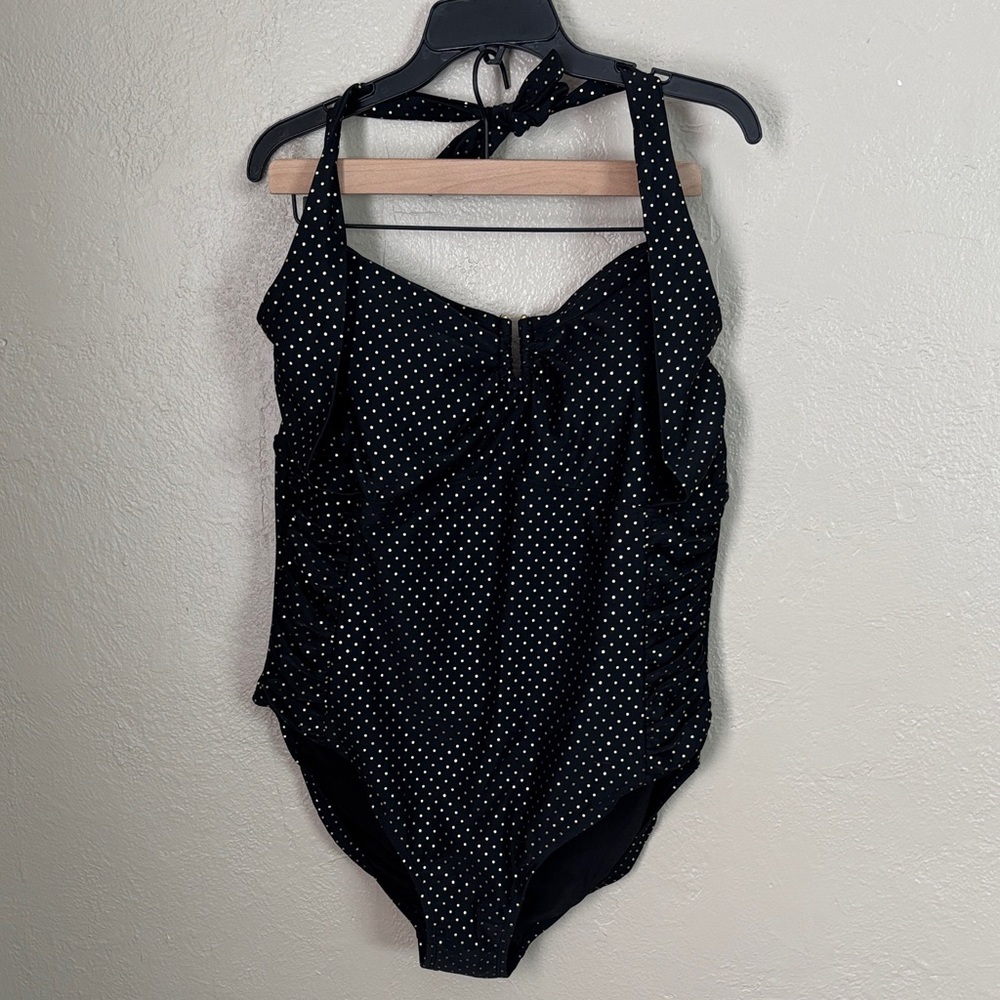 Pure Energy One Piece Swim Suit Black Halter Gold Polka Dots Size 22W
